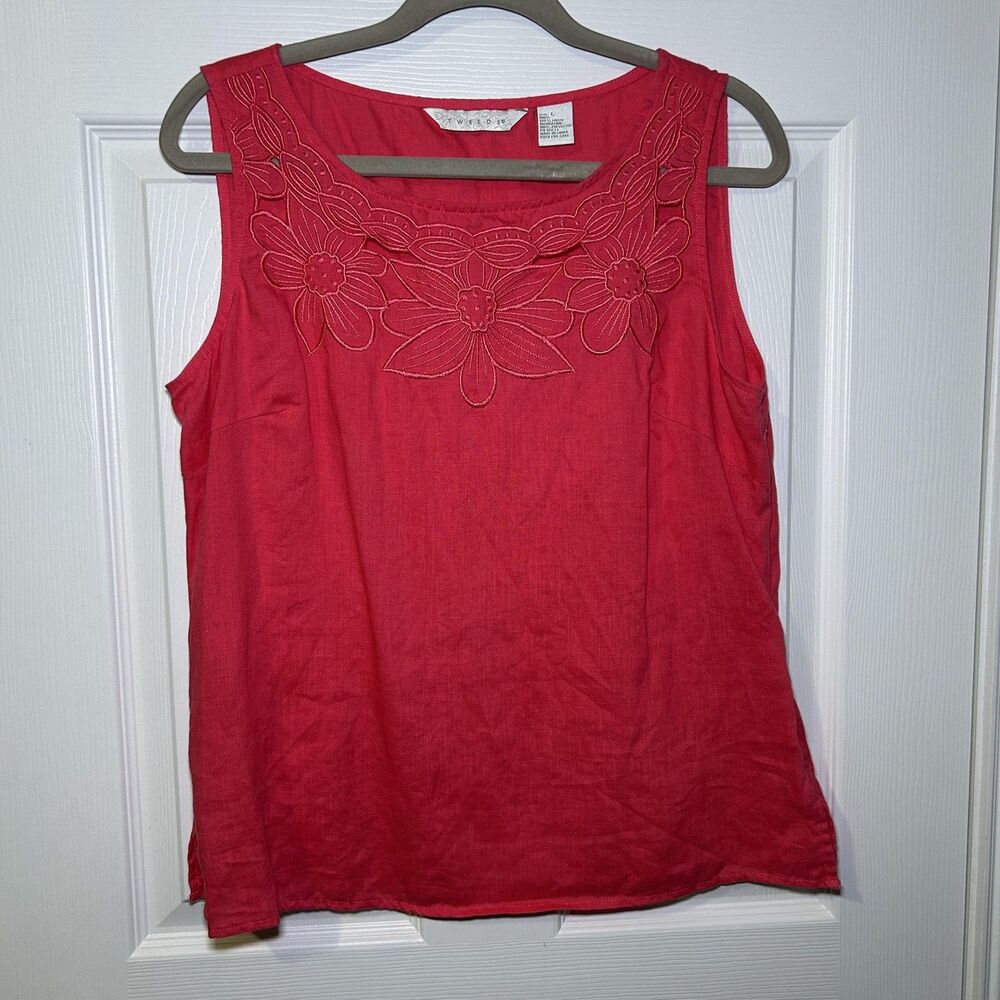 Tweeds Tank Top Women's Large Pink Linen Floral Embroidered Zip Side Square Neck